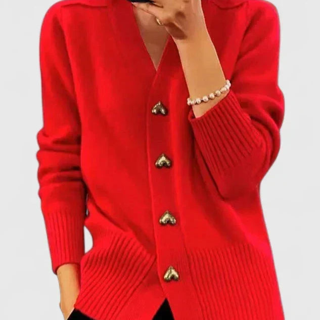 Gilet femme col V boutons cœur côtelé