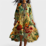Robe Midi Femme Fleurie à Col Rond Boutonnée