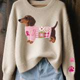 Pull Femme Chien Motif Brodé Décontracté