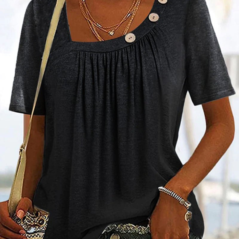 T Shirt Plissé Boutons Épaule Coupe Fluide Confort Chic