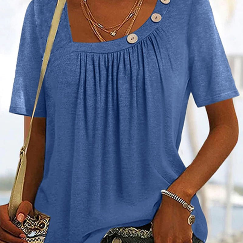 T Shirt Plissé Boutons Épaule Coupe Fluide Confort Chic