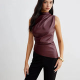 Top Satiné Drapé Sans Manches Élégant