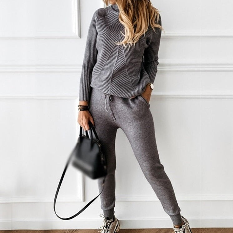 Ensemble Femme Tricot Col Montant et Pantalon Ajusté Élégant