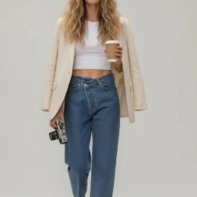 Jean Large Taille Haute Élégant Confort Style Casual