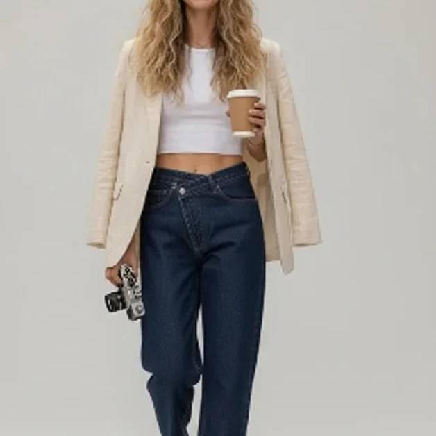 Jean Large Taille Haute Élégant Confort Style Casual