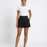 Short femme large taille haute à revers en coton mélangé