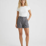 Short femme large taille haute à revers en coton mélangé