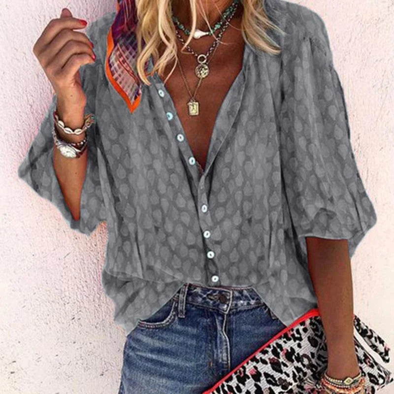 Blouse Femme Fluide Col V – Haut Léger Boutonné Été