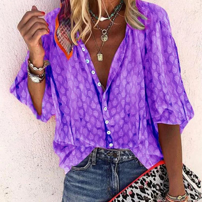 Blouse Femme Fluide Col V – Haut Léger Boutonné Été