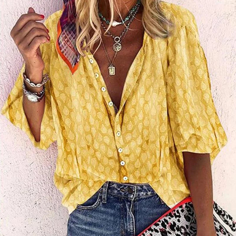 Blouse Femme Fluide Col V – Haut Léger Boutonné Été