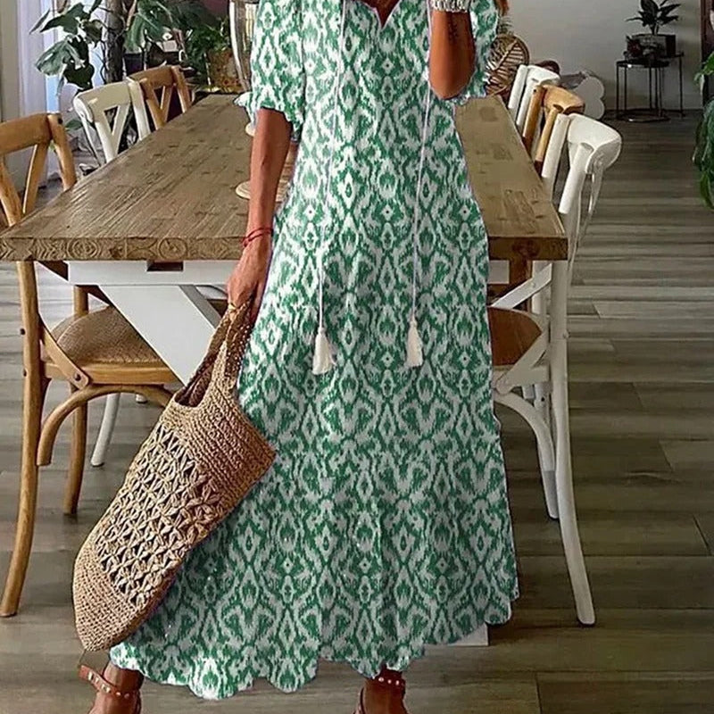 Robe Longue Fleurie Boutonnée Manches Courtes Style Bohème Chic