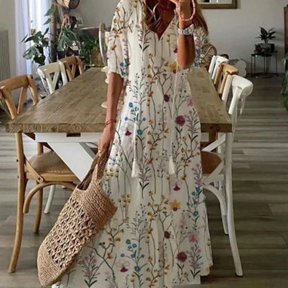 Robe Longue Femme Fleurie à Col V Boutonnée