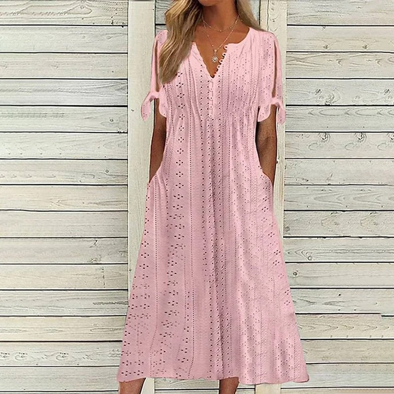 Robe Longue Broderie Anglaise Col V Coupe Évasée Été Chic