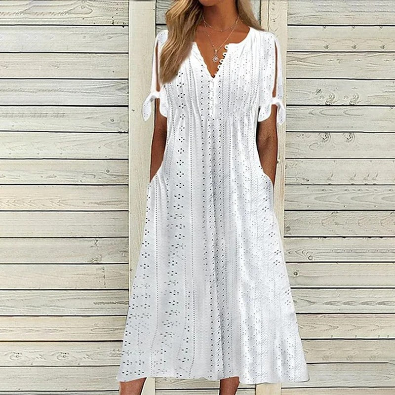 Robe Longue Broderie Anglaise Col V Coupe Évasée Été Chic
