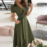 Robe Midi Évasée Taille Ceinturée Manches Courtes Élégance Chic