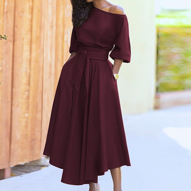 Robe Midi Évasée Taille Ceinturée Manches Courtes Élégance Chic