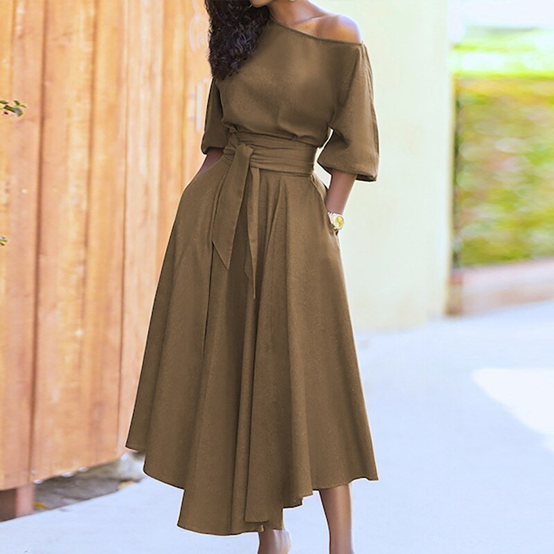 Robe Midi Évasée Taille Ceinturée Manches Courtes Élégance Chic