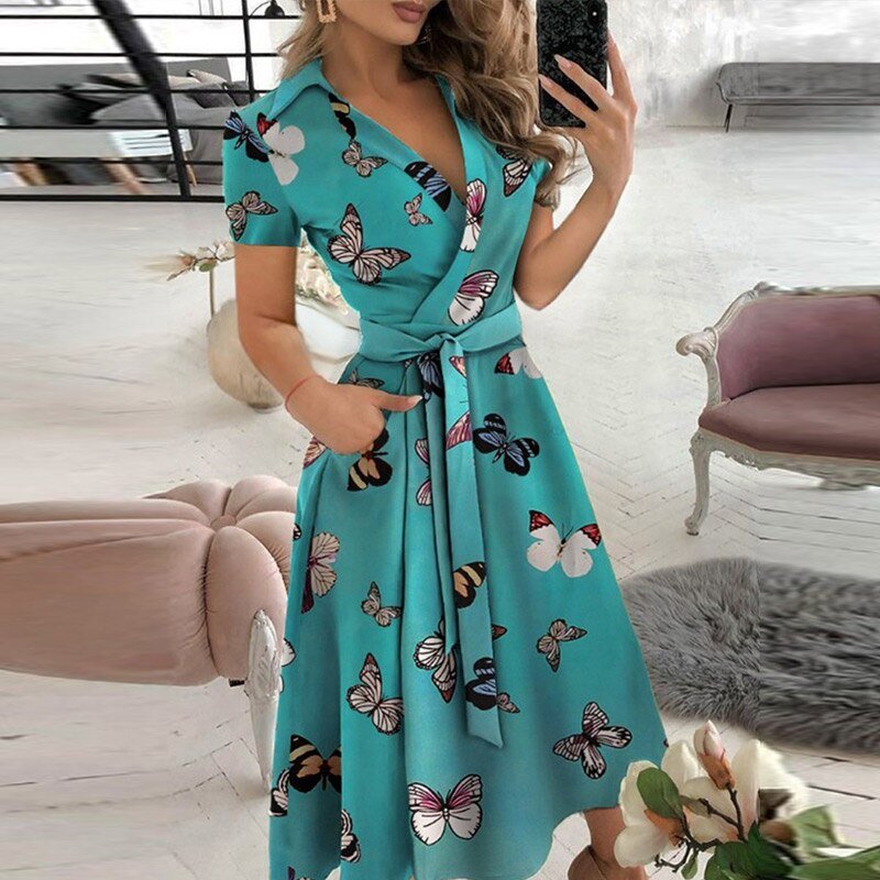 Robe Midi Évasée Taille Ceinturée Manches Courtes Élégance Chic