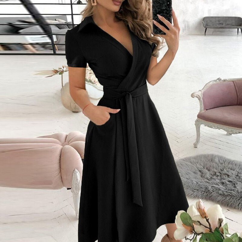 Robe Midi Évasée Taille Ceinturée Manches Courtes Élégance Chic