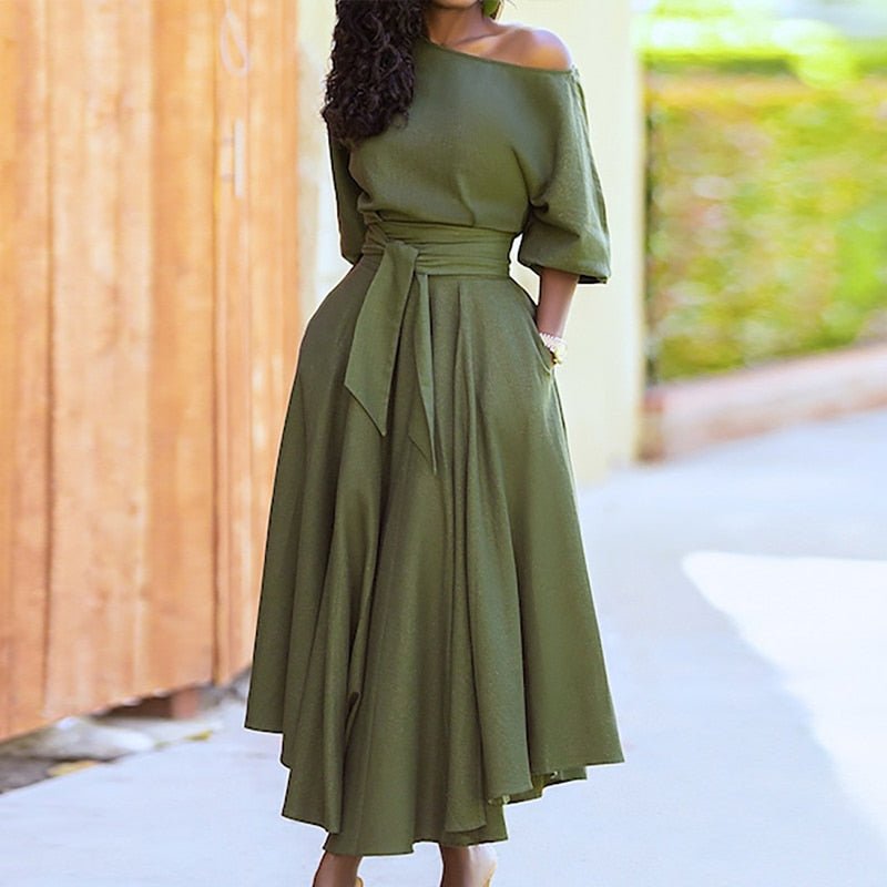 Robe Midi Évasée Taille Ceinturée Manches Courtes Élégance Chic