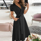 Robe Midi Évasée Taille Ceinturée Manches Courtes Élégance Chic