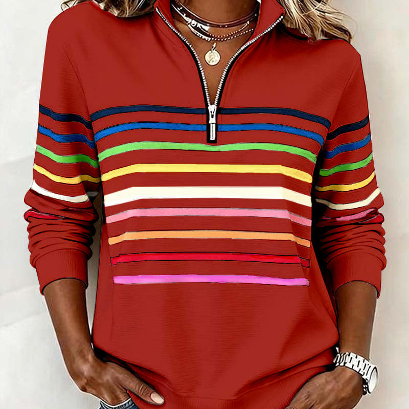 Pull femme rayé col montant zippé manches longues