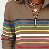 Pull femme rayé col montant zippé manches longues