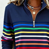 Pull femme rayé col montant zippé manches longues