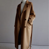 Manteau long en laine croisé à ceinture pour femme