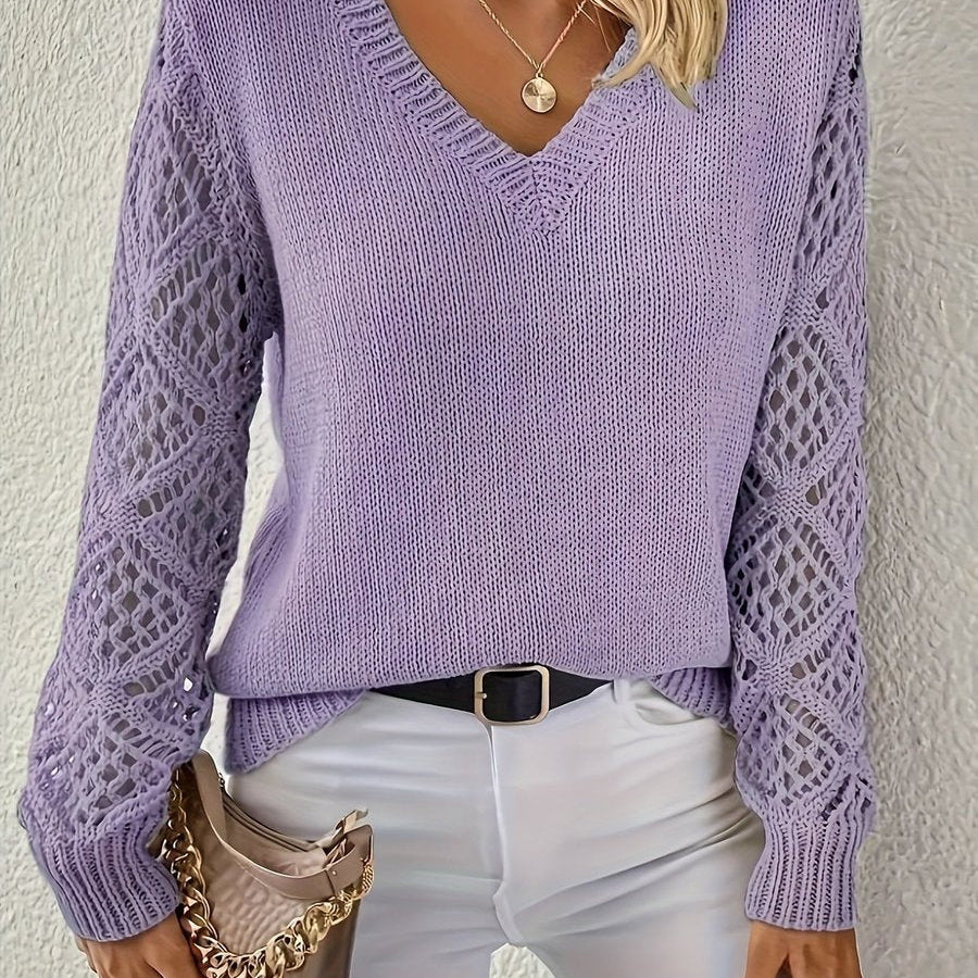 Pull en maille col V à manches crochet pour femme