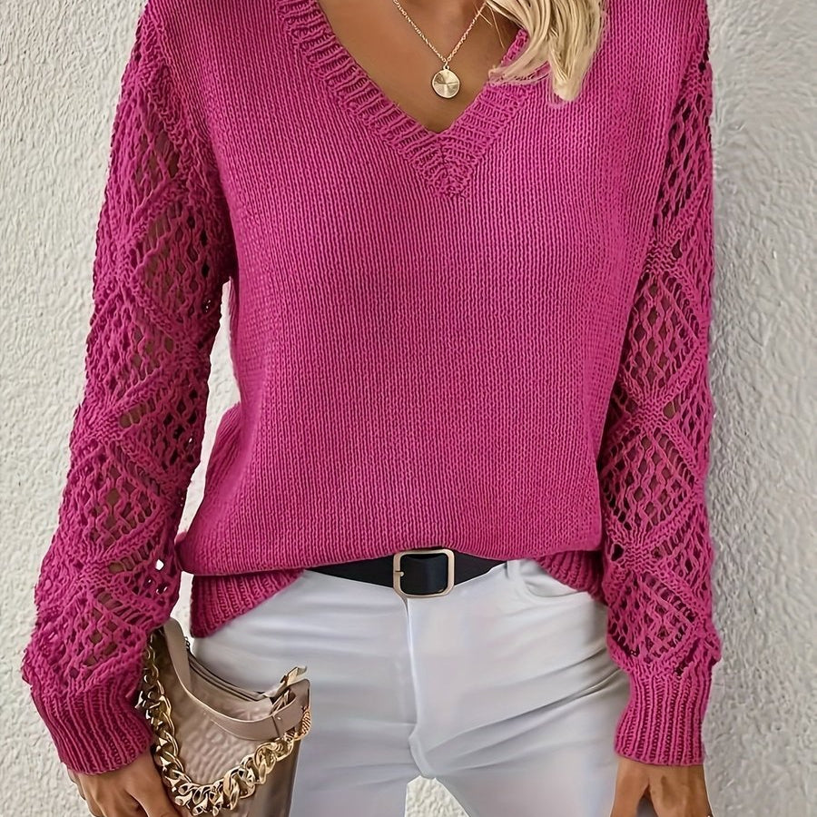 Pull en maille col V à manches crochet pour femme