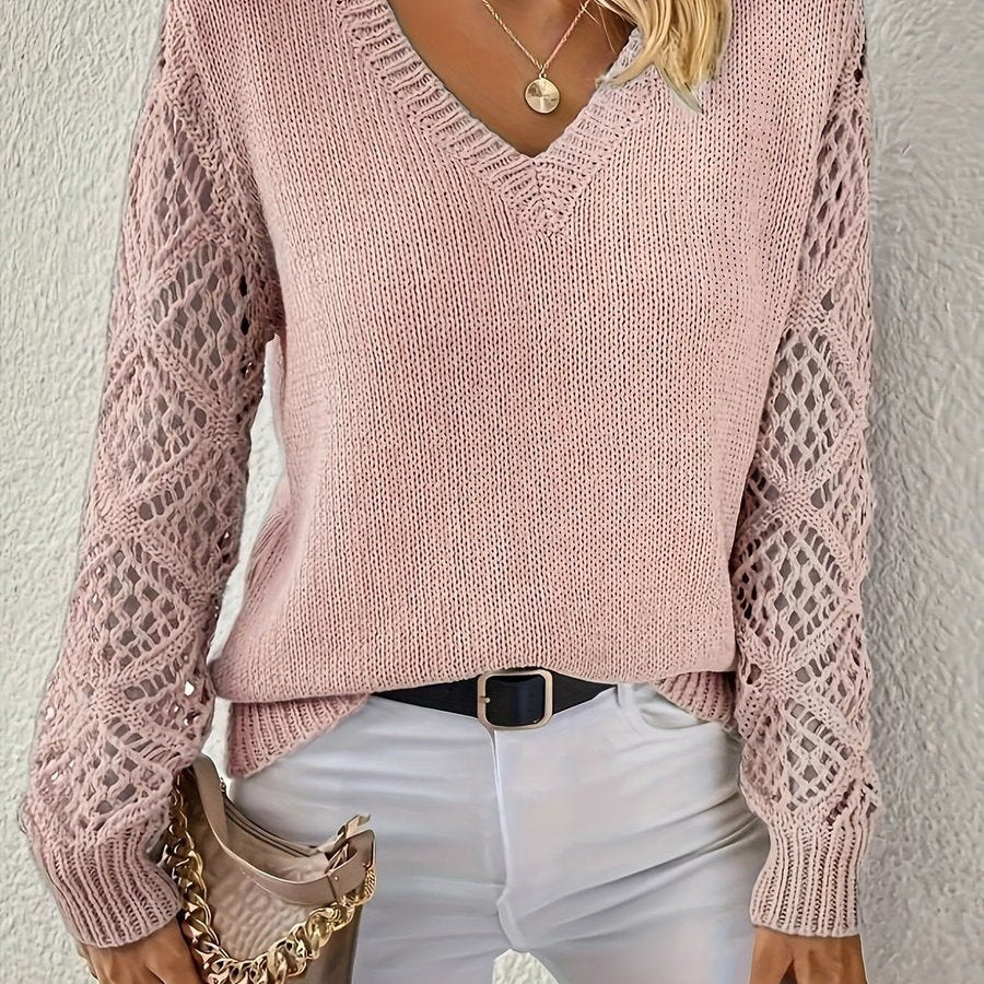 Pull en maille col V à manches crochet pour femme