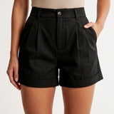 Short femme large taille haute à revers en coton mélangé